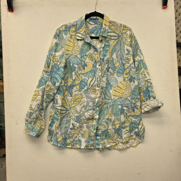J McLaughlin Size Large Linen Shirt Aqua Yellow Tropical Print Button Down - Picture 8 of 8